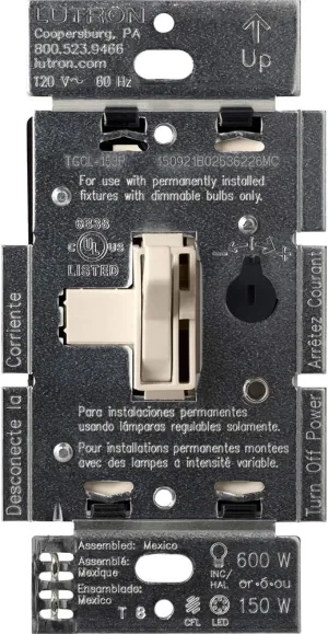 Lutron Toggler LED  Dimmer Switch for Dimmable LED, Halogen and Incandescent Bulbs, 150 Watt, Single-Pole or 3-Way, TGCL-153PH-LA, Light Almond