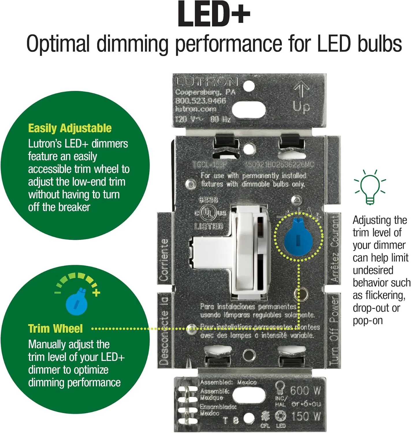 Lutron Toggler LED  Dimmer Switch for Dimmable LED, Halogen and Incandescent Bulbs, 150 Watt, Single-Pole or 3-Way, TGCL-153PH-LA, Light Almond