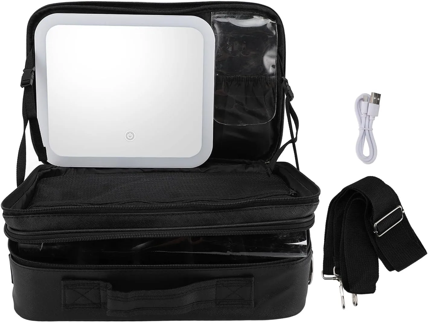 Makeup Bag with Mirror and LED Light, Adjustable 3 Color Temperature Rechargeable Travel Cosmetic Case, Large Capacity 2 Tier Pu Leather Black (13.8 X 9.1 X 4.7In)