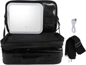 Makeup Bag with Mirror and LED Light, Adjustable 3 Color Temperature Rechargeable Travel Cosmetic Case, Large Capacity 2 Tier Pu Leather Black (13.8 X 9.1 X 4.7In)