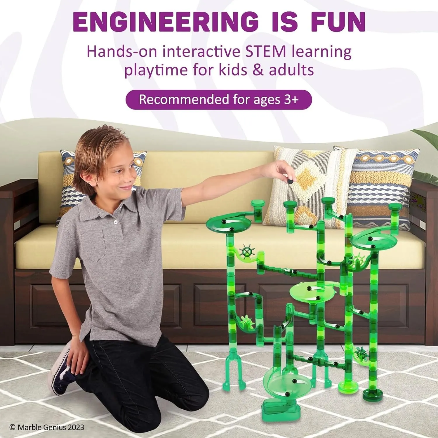 Marble Genius Marble Run Starter Set STEM Toy for Kids Ages 4-12 - 130 Complete Pieces (80 Translucent Marbulous Pieces and 50 Glass Marbles), Construction Building Block Toys, Theme (Jungle)