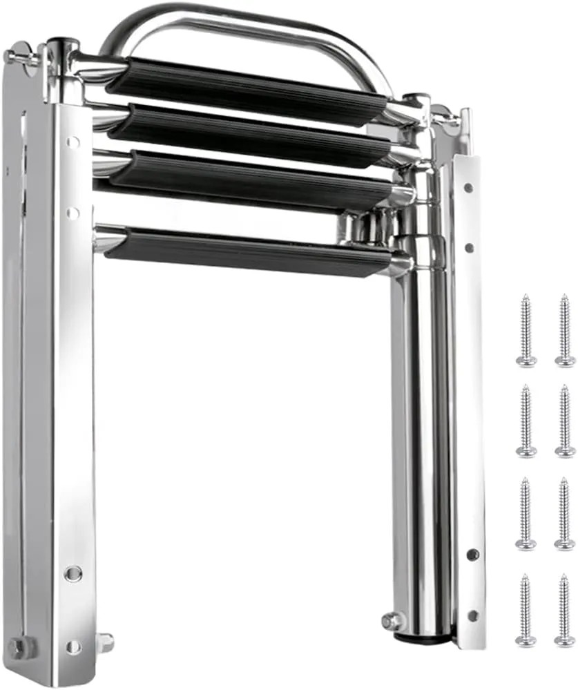 Marinebaby 3-4 Step Ladder Under Platform Slide Mount Boat Boarding Ladder, Telescoping Ladder with a Carry Handle and Mounting Screws, Press-Type Spring Latch (4 Steps)