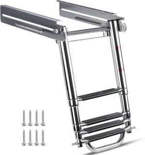 Marinebaby 3-4 Step Ladder Under Platform Slide Mount Boat Boarding Ladder, Telescoping Ladder with a Carry Handle and Mounting Screws, Press-Type Spring Latch (4 Steps)