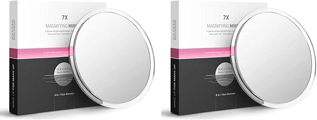 Mavoro Magnifying Mirror with Suction Cups - Triple Suction Cup Stick on Mirror with 7X Magnification. Portable Travel Makeup Mirror, Magnified Cosmetic Mirror (7X) (Pack of 2)