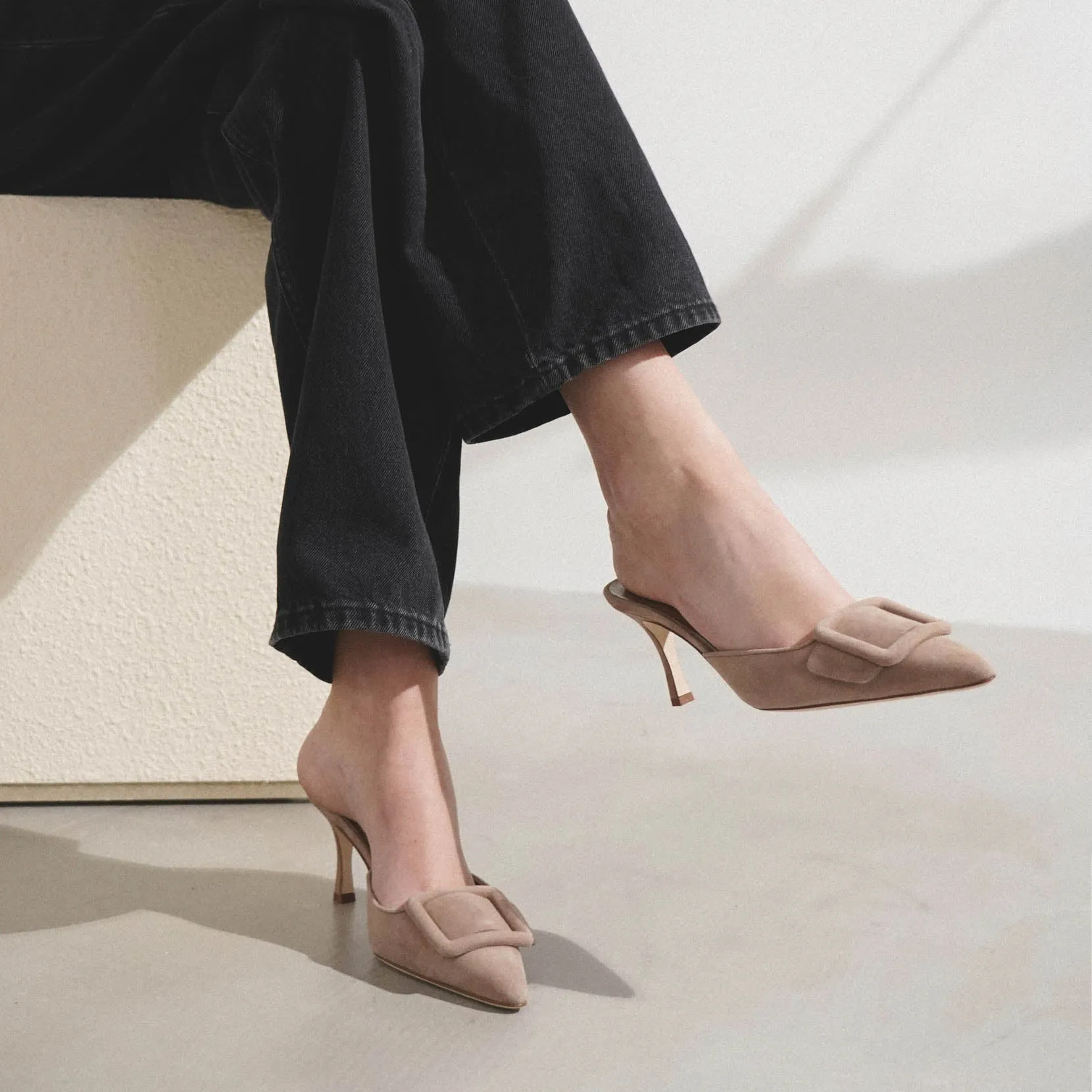 Maysale 70 beige suede mules