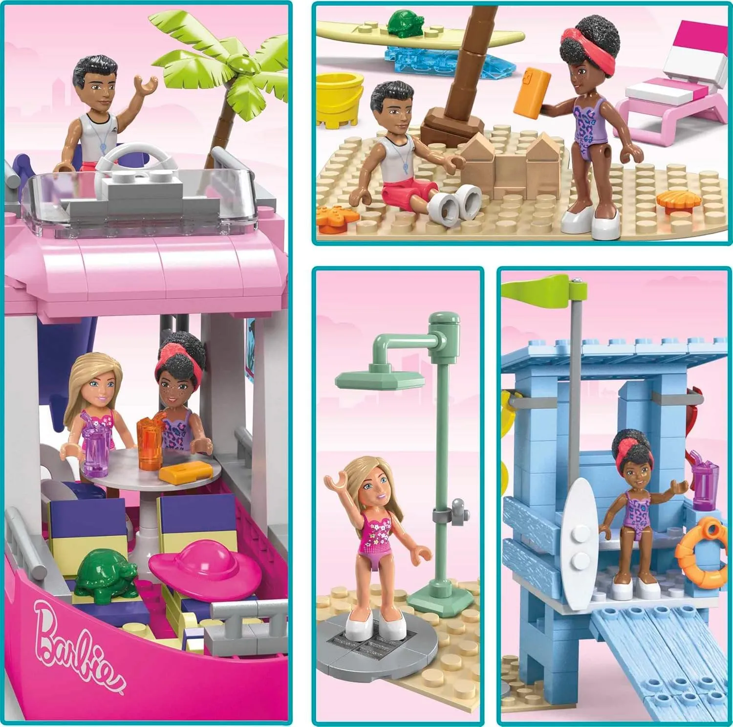 MEGA Barbie Kids Building Toy Set, Malibu Dream Boat with 317 Pieces, 2 Micro-Dolls and Accessories, Pink, Ages 6  Years