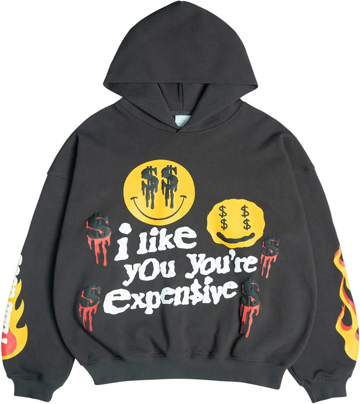 Men's i like you You'Expensive Hip Hop Portrait Graffiti Print Hoodie Highweight Cotton Hooded Grey