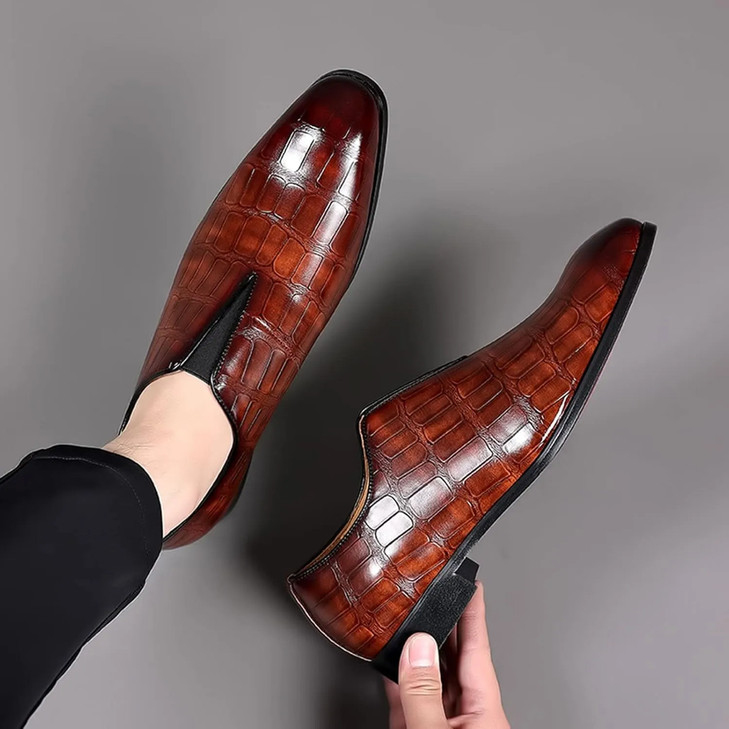 Mens Leather Boots Classical Style Shoes for Men Slip On PU Leather Low Rubber Sole Block Heel Work Feet Men