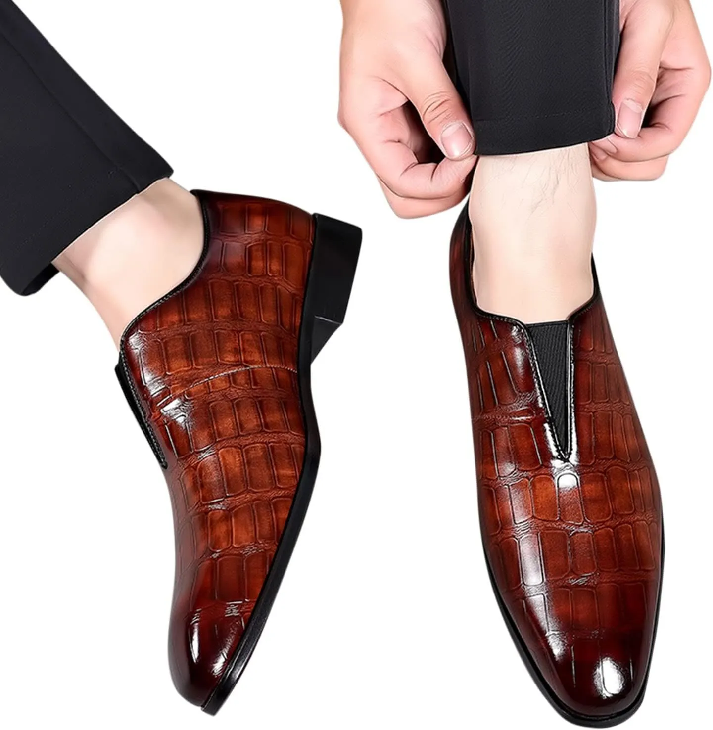 Mens Leather Boots Classical Style Shoes for Men Slip On PU Leather Low Rubber Sole Block Heel Work Feet Men