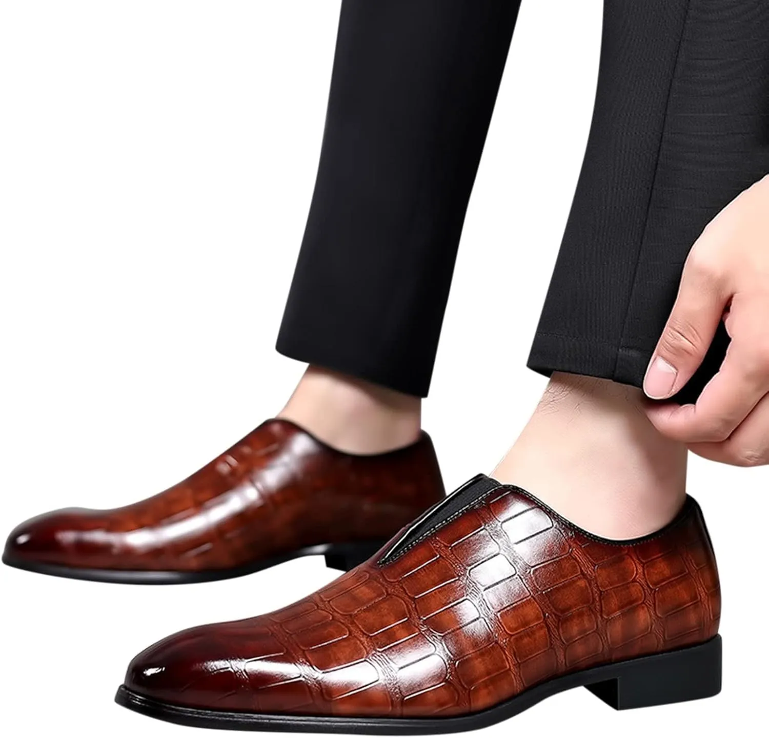 Mens Leather Boots Classical Style Shoes for Men Slip On PU Leather Low Rubber Sole Block Heel Work Feet Men