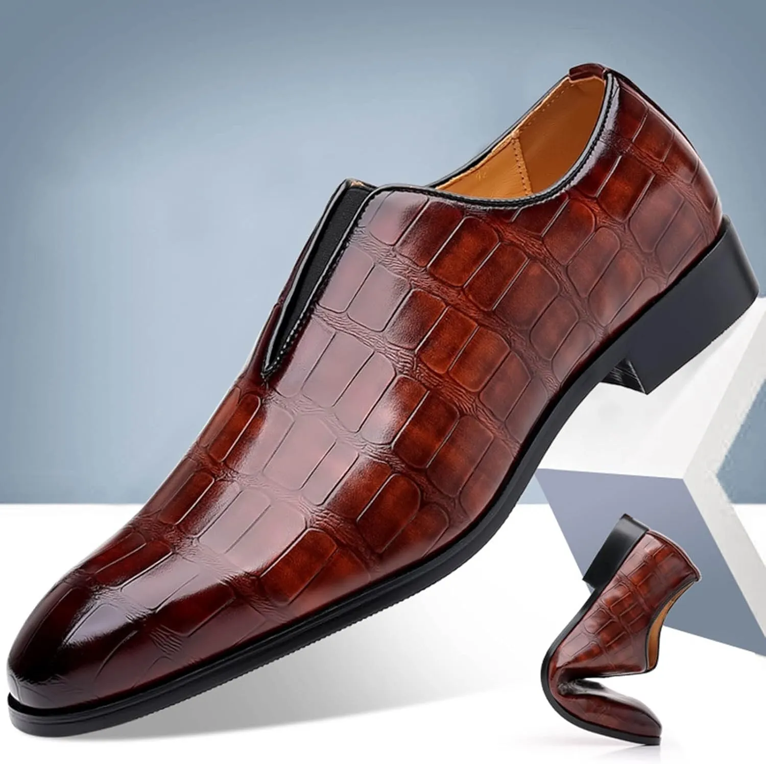 Mens Leather Boots Classical Style Shoes for Men Slip On PU Leather Low Rubber Sole Block Heel Work Feet Men