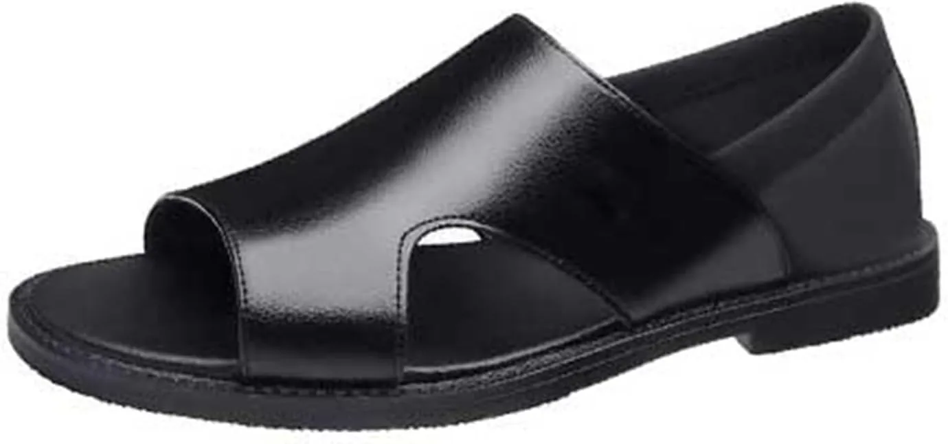 Men's Leather Cutout Water Shoes Slip On Flat Comfortable Open Toe Outdoor Casual Beach Light Weight Fisherman Sandals