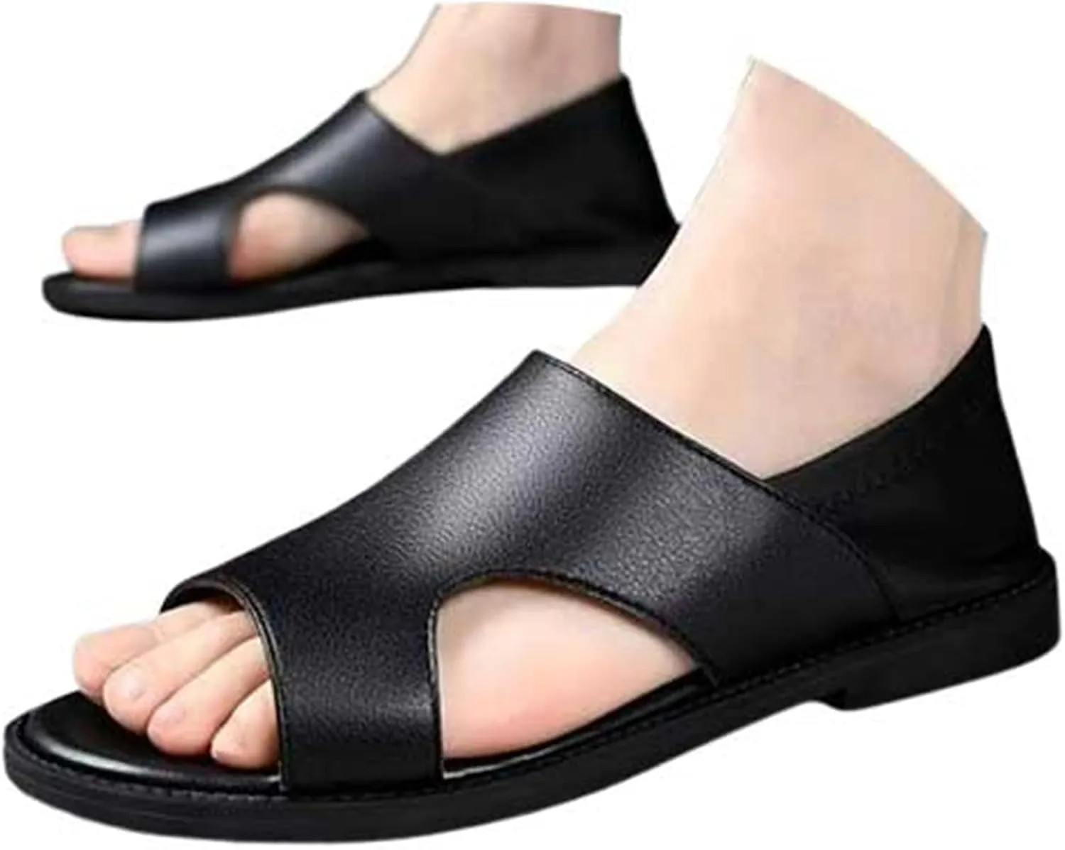 Men's Leather Cutout Water Shoes Slip On Flat Comfortable Open Toe Outdoor Casual Beach Light Weight Fisherman Sandals
