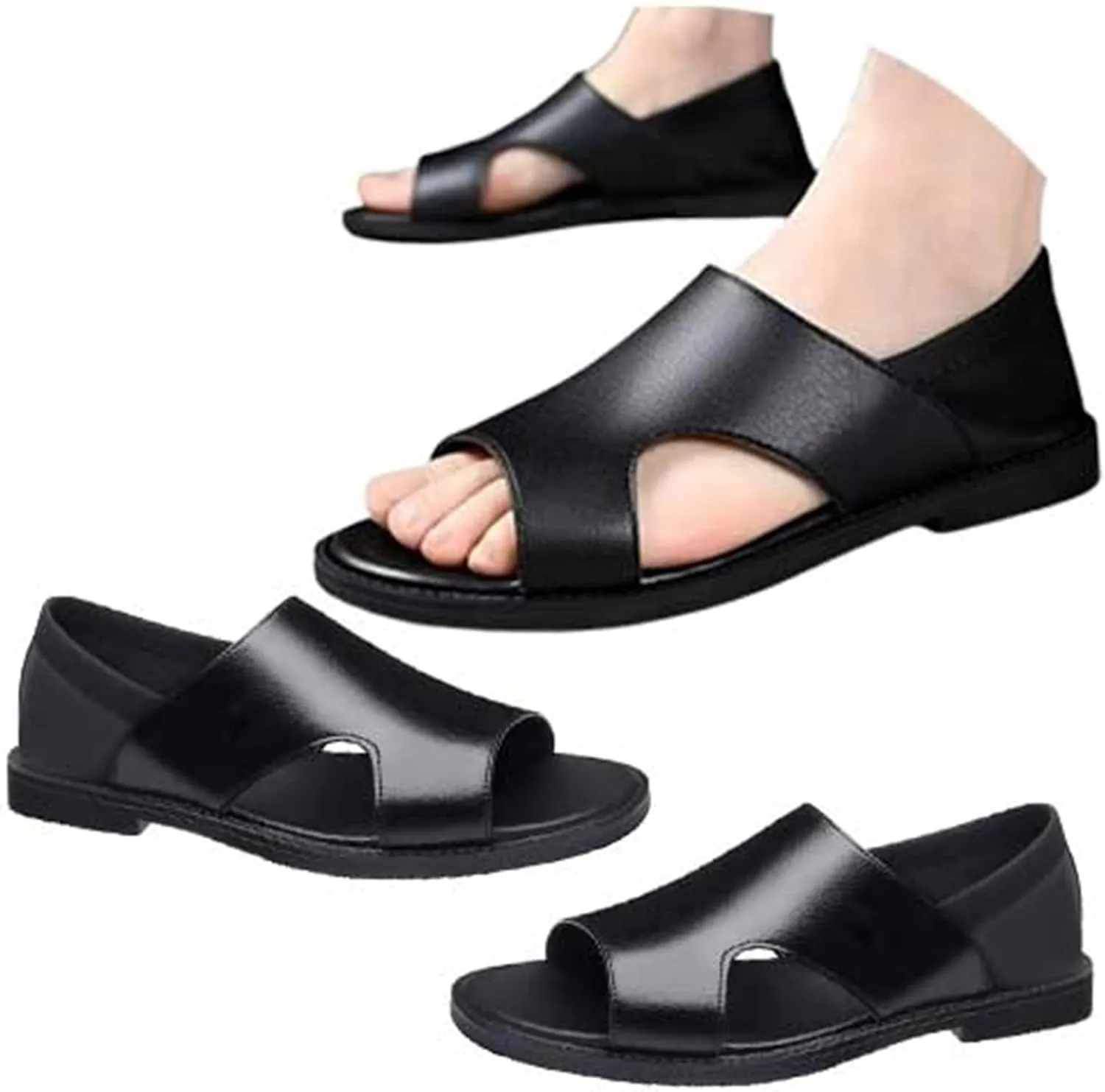 Men's Leather Cutout Water Shoes Slip On Flat Comfortable Open Toe Outdoor Casual Beach Light Weight Fisherman Sandals