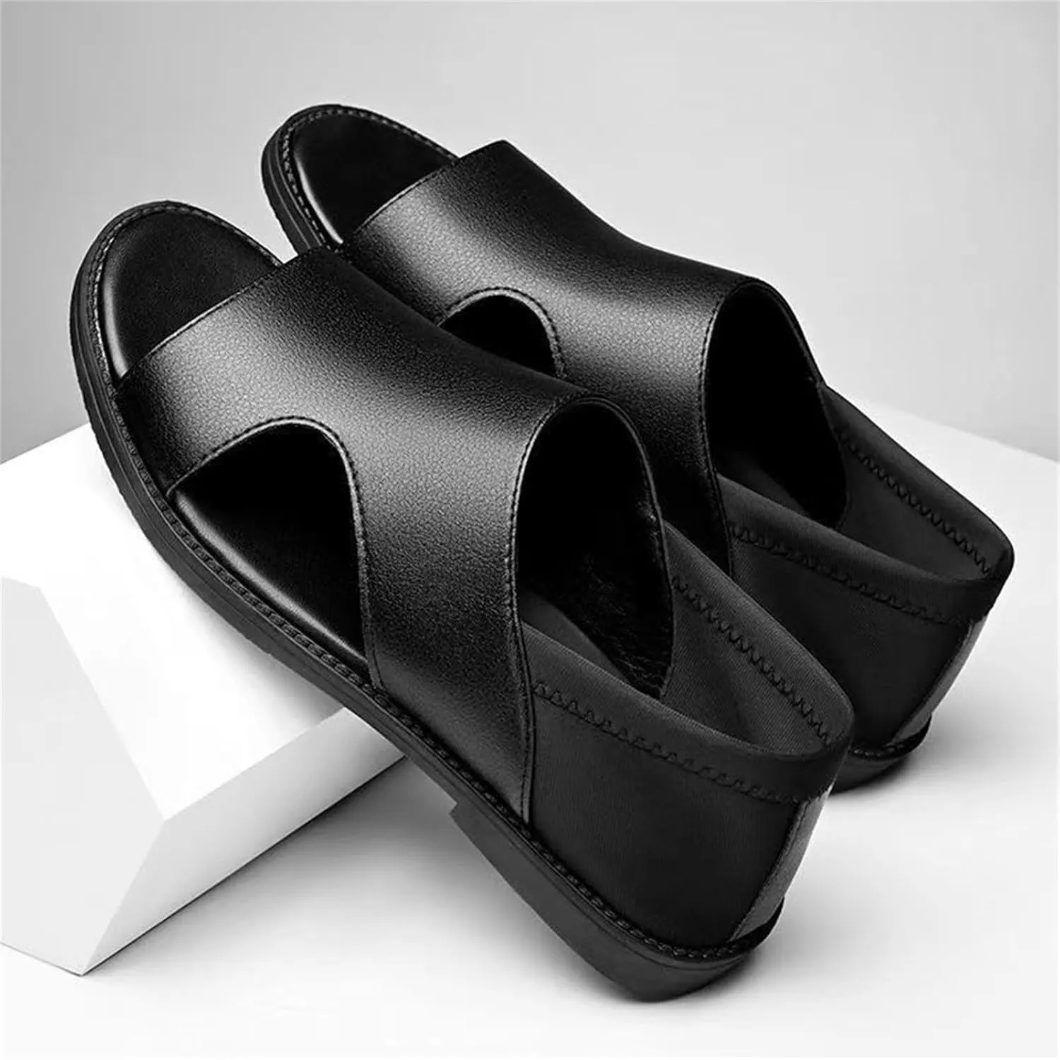 Men's Leather Cutout Water Shoes Slip On Flat Comfortable Open Toe Outdoor Casual Beach Light Weight Fisherman Sandals