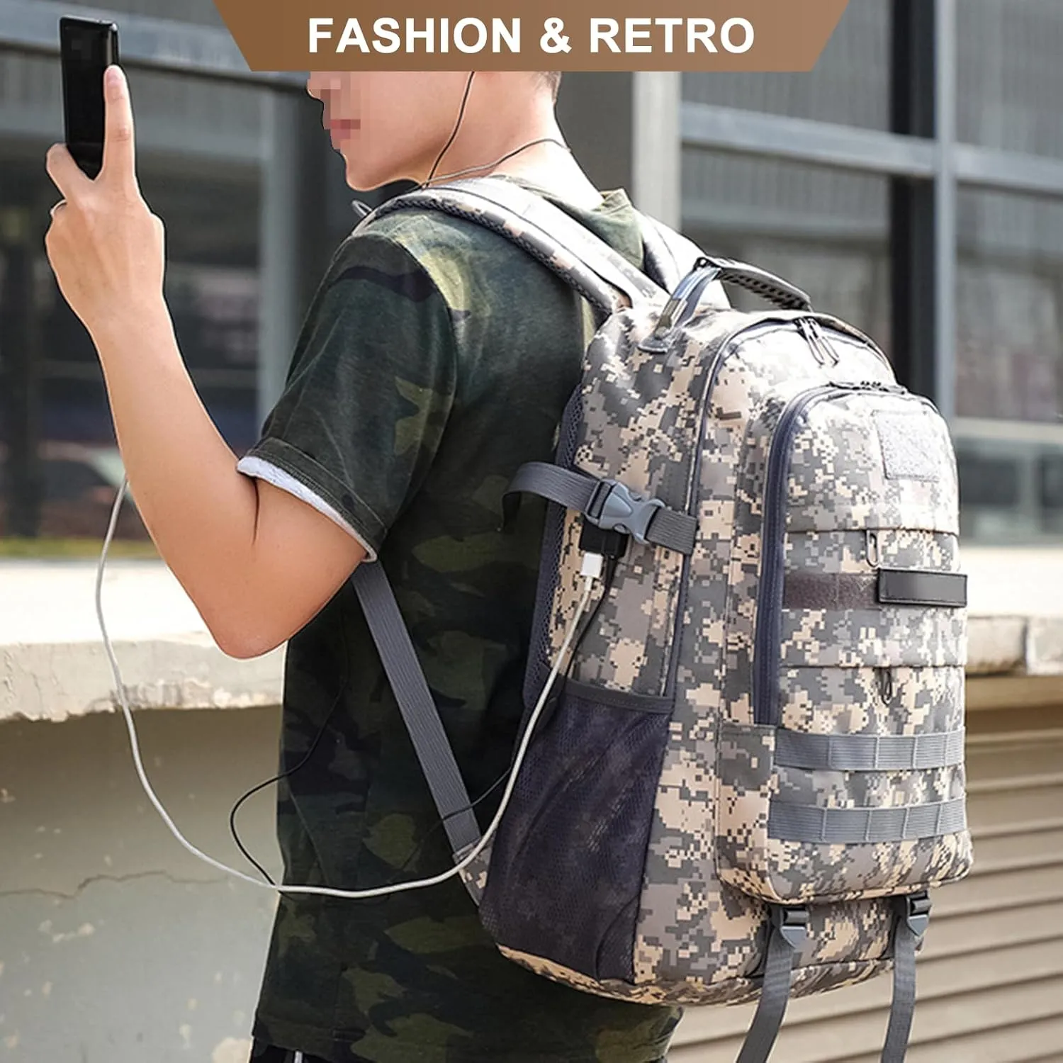 Men's Oxford Cloth Tactical Backpack 40L Outdoor Camping Rucksack Large Capacity Hiking Travel Daypack (Brown)