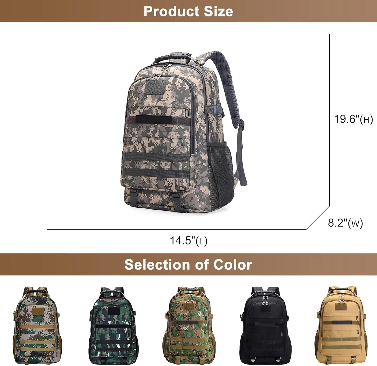 Men's Oxford Cloth Tactical Backpack 40L Outdoor Camping Rucksack Large Capacity Hiking Travel Daypack (Brown)