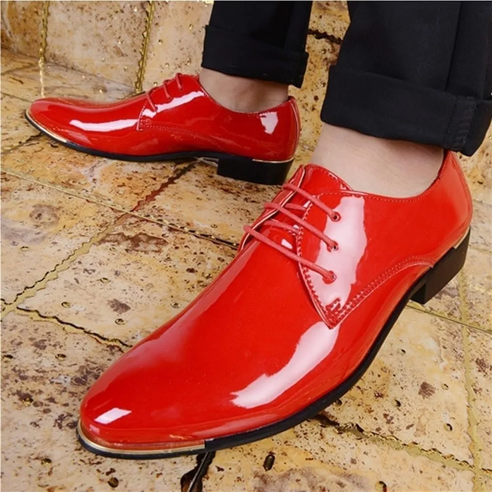 Mens Oxford Dress Shoes Business Lace Up Shiny Pointed Toe Patent Leather Low Top Non Slip Wedding Comfortable Formal