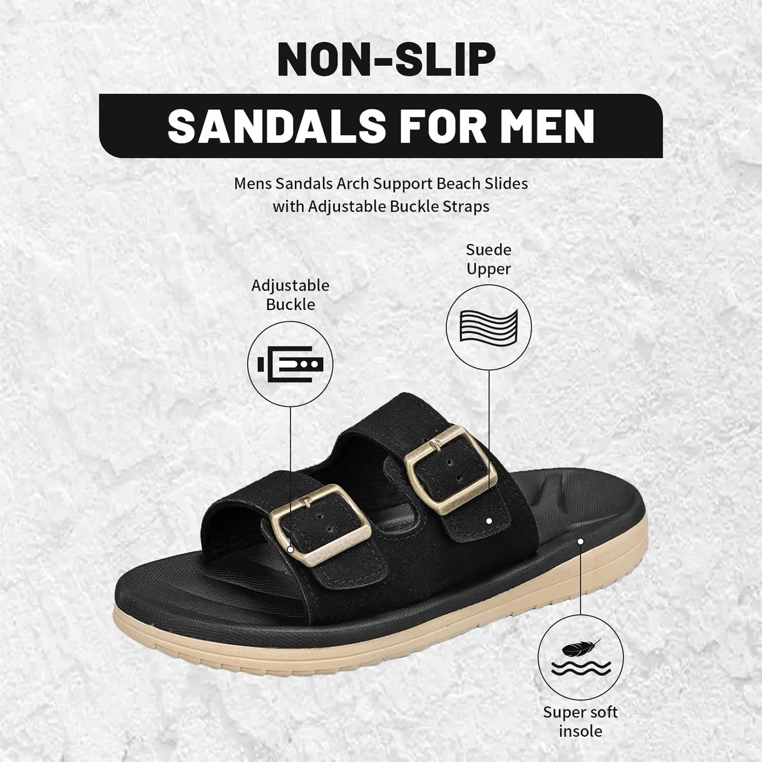 Mens Sandals Arch Support Comfortable Beach Slides with Adjustable Buckle Straps Slippers for Men