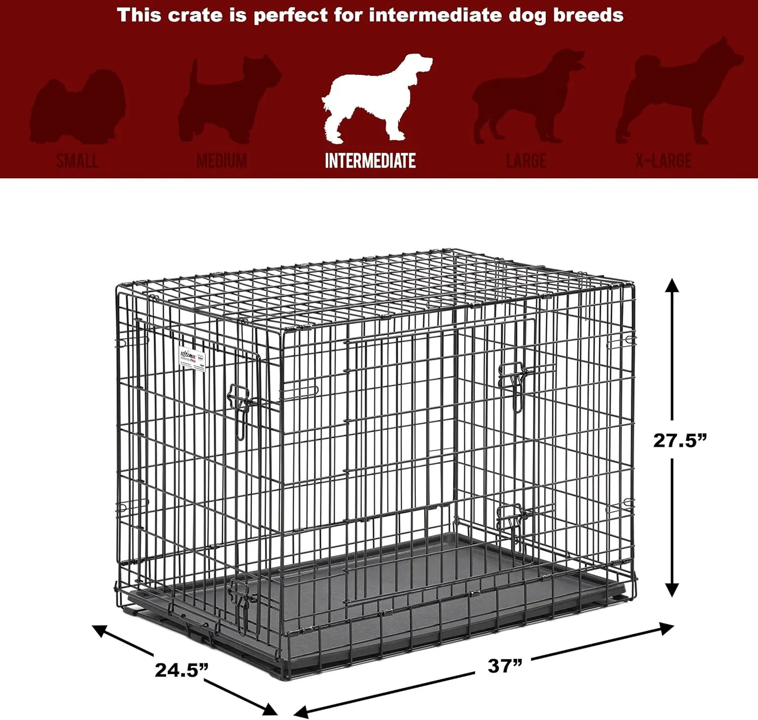 MidWest Homes for Pets Ultima Pro Series 36' Dog Crate | Extra-Strong Double Door Folding Metal Dog Crate w/Divider Panel, Floor Protecting 'Roller Feet' & Leak-Proof Plastic Pan