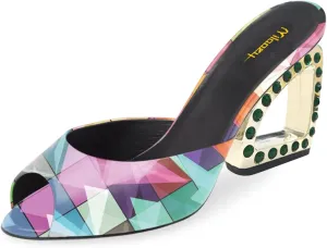 Milooey shoes Open Peep Toe Mules for Women Special Mid Heels Slip On Summer Sandals Party Prom Daily Slide Shoes Size 4-16 US