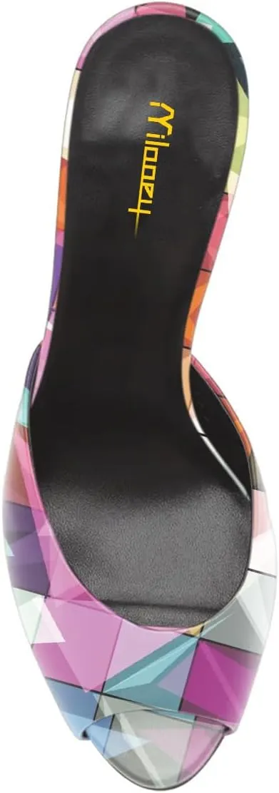 Milooey shoes Open Peep Toe Mules for Women Special Mid Heels Slip On Summer Sandals Party Prom Daily Slide Shoes Size 4-16 US