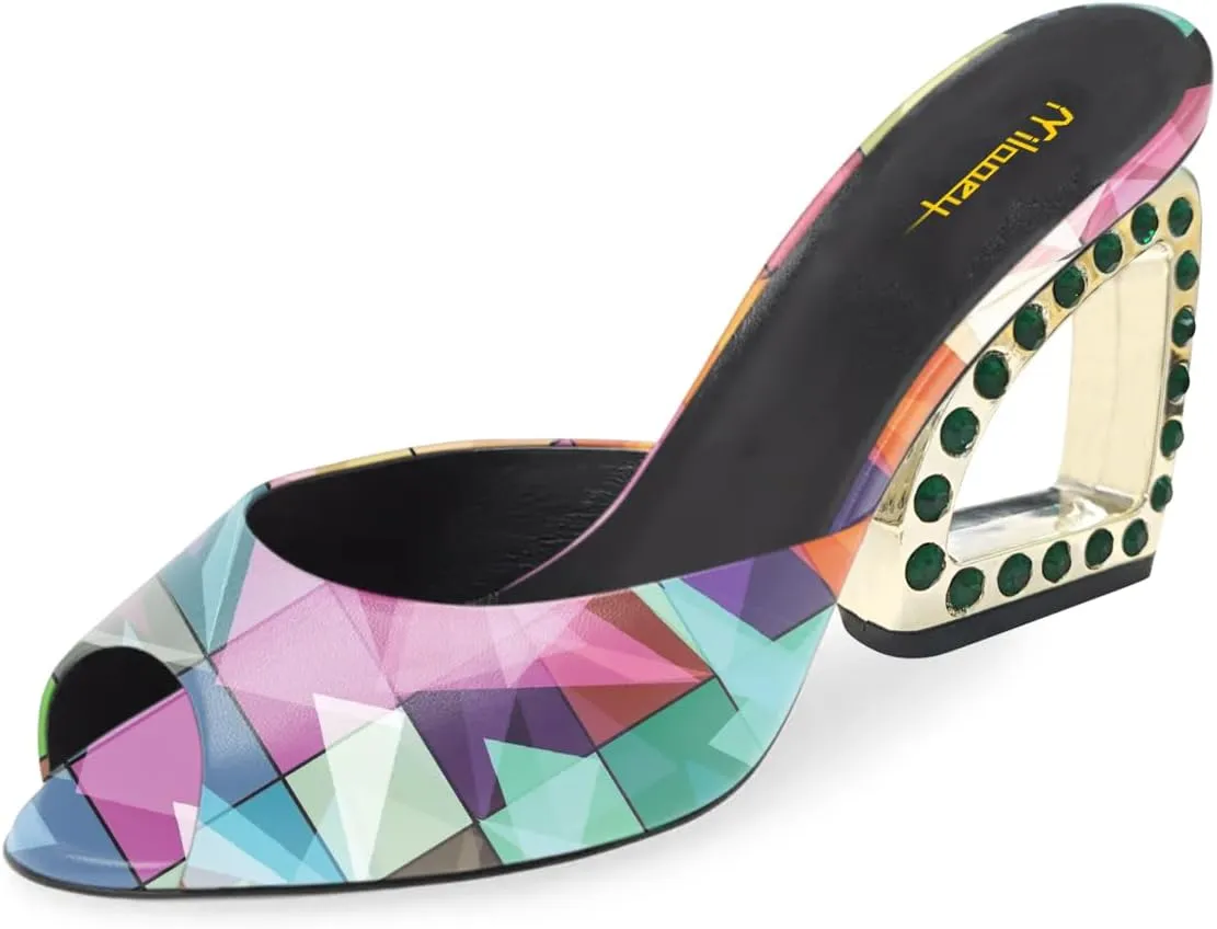 Milooey shoes Open Peep Toe Mules for Women Special Mid Heels Slip On Summer Sandals Party Prom Daily Slide Shoes Size 4-16 US