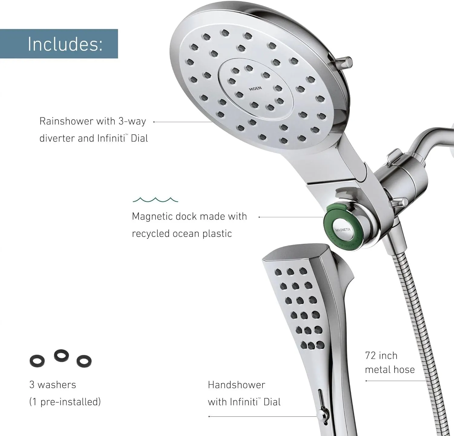 Moen 220C3BG Verso Eight-Function 7 Round Shower Spray Head with Handshower, 72-Inch Hose, Brushed Gold