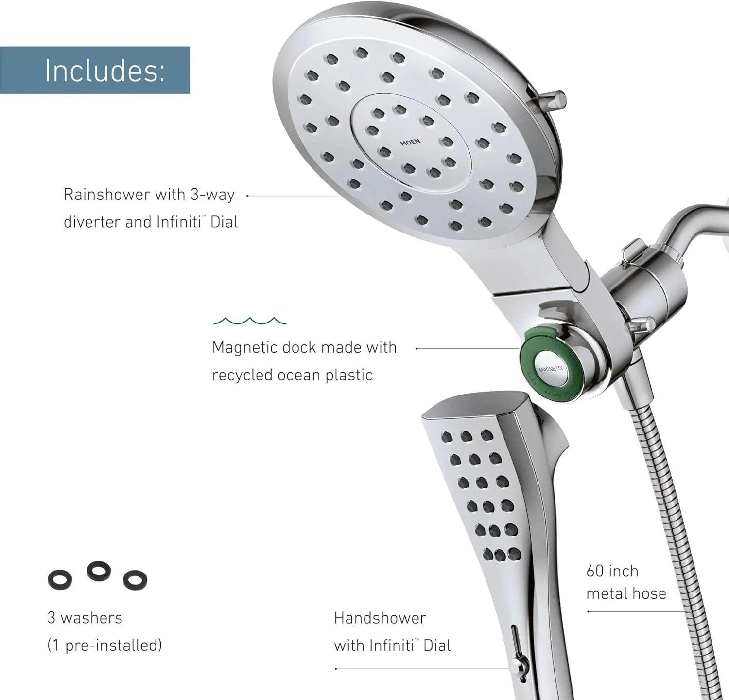 Moen Verso Chrome Round Rain Shower Head and Detachable Handshower Combination with Magnetix Docking System and 60-inch Metal Hose, 220C2