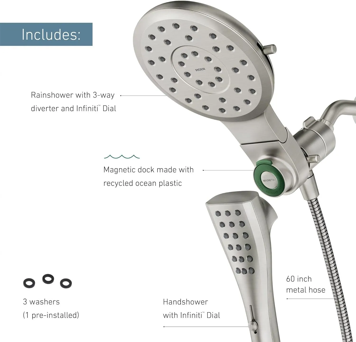 Moen Verso Rain Showerhead and Handshower Combination with Infiniti Dial and Magnetix Docking, 60" Hose, Spot Resist Brushed Nickel, 220C2EPSRN