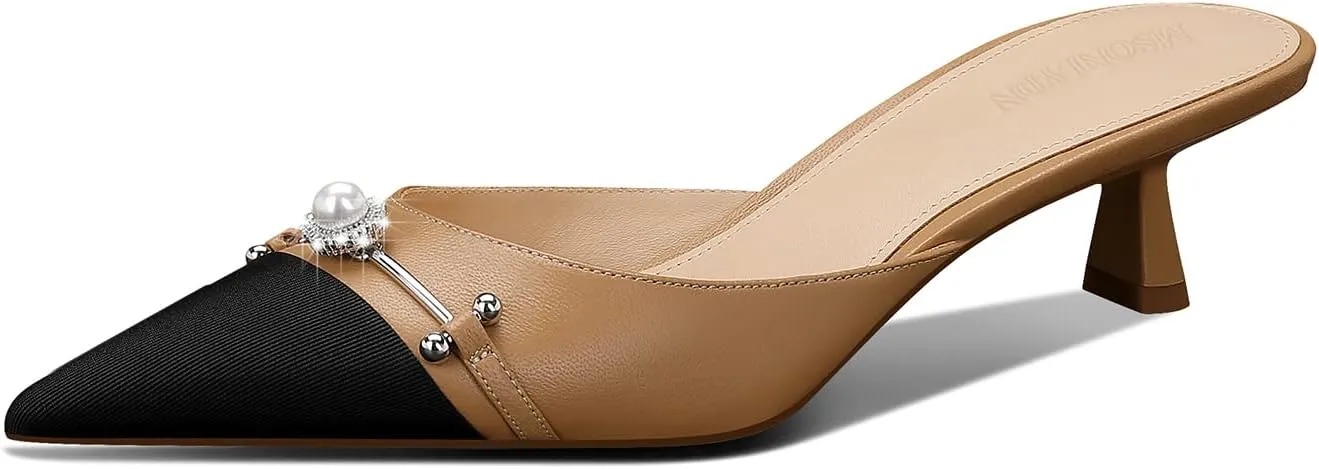 MSONLYDN Women's Pointed Toe Pearl Mules Kitten Heels Pumps,1.7In Slip-on Backless Dress Sandals