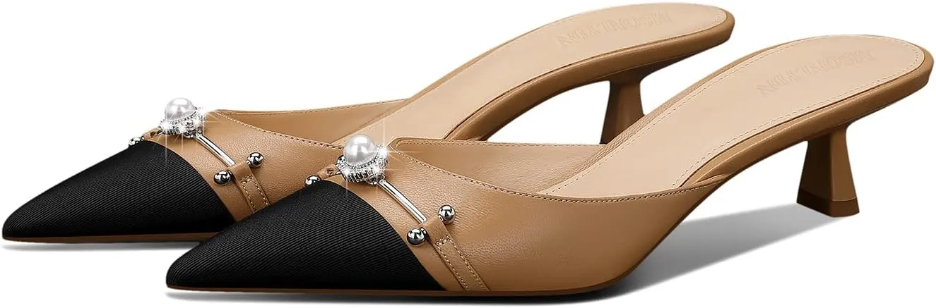 MSONLYDN Women's Pointed Toe Pearl Mules Kitten Heels Pumps,1.7In Slip-on Backless Dress Sandals