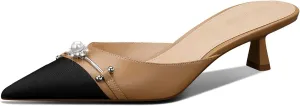 MSONLYDN Women's Pointed Toe Pearl Mules Kitten Heels Pumps,1.7In Slip-on Backless Dress Sandals