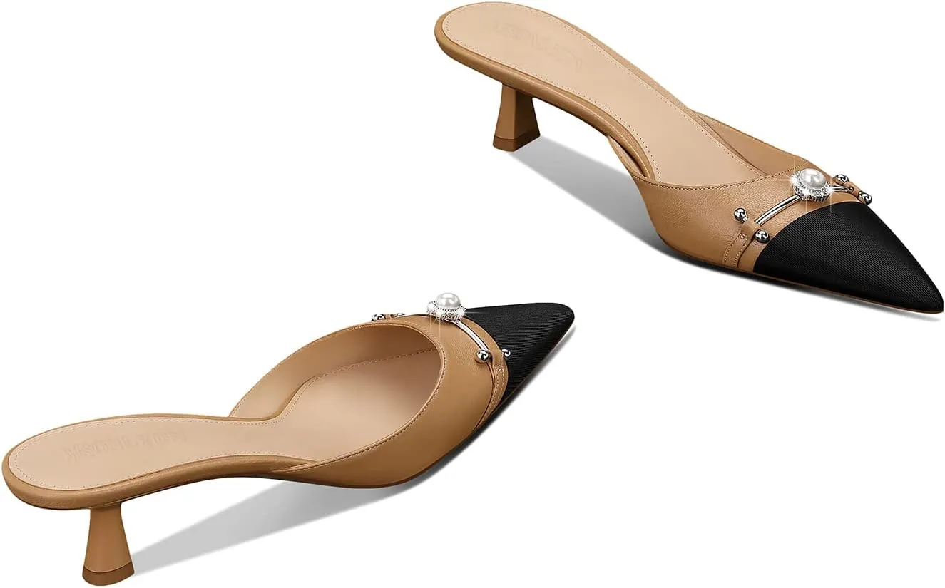 MSONLYDN Women's Pointed Toe Pearl Mules Kitten Heels Pumps,1.7In Slip-on Backless Dress Sandals