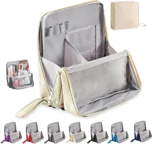 Multi-Purpose Large Capacity Oxford Cloth Standing Makeup Bag - Waterproof Cosmetic Organizer with Compartments, Travel Toiletry Bag, Black Standing Makeup Pouch for Storage (Beige)