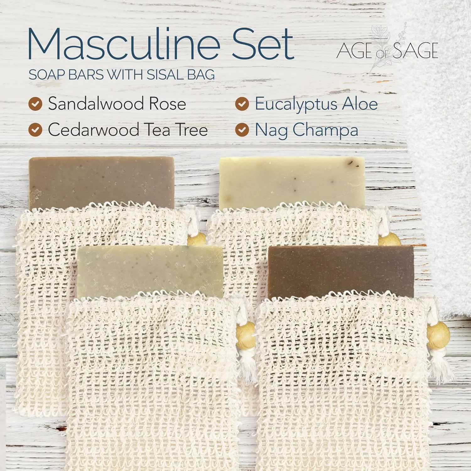 Natural Soap Bar w/ Sisal Bag, 4pk Mixed Vegan Artisan Soap Set w/ Essential Oil for Men - Masculine Scent: Cedarwood Tea Tree, Eucalyptus Aloe, Nag Champa, & Sandalwood Rose