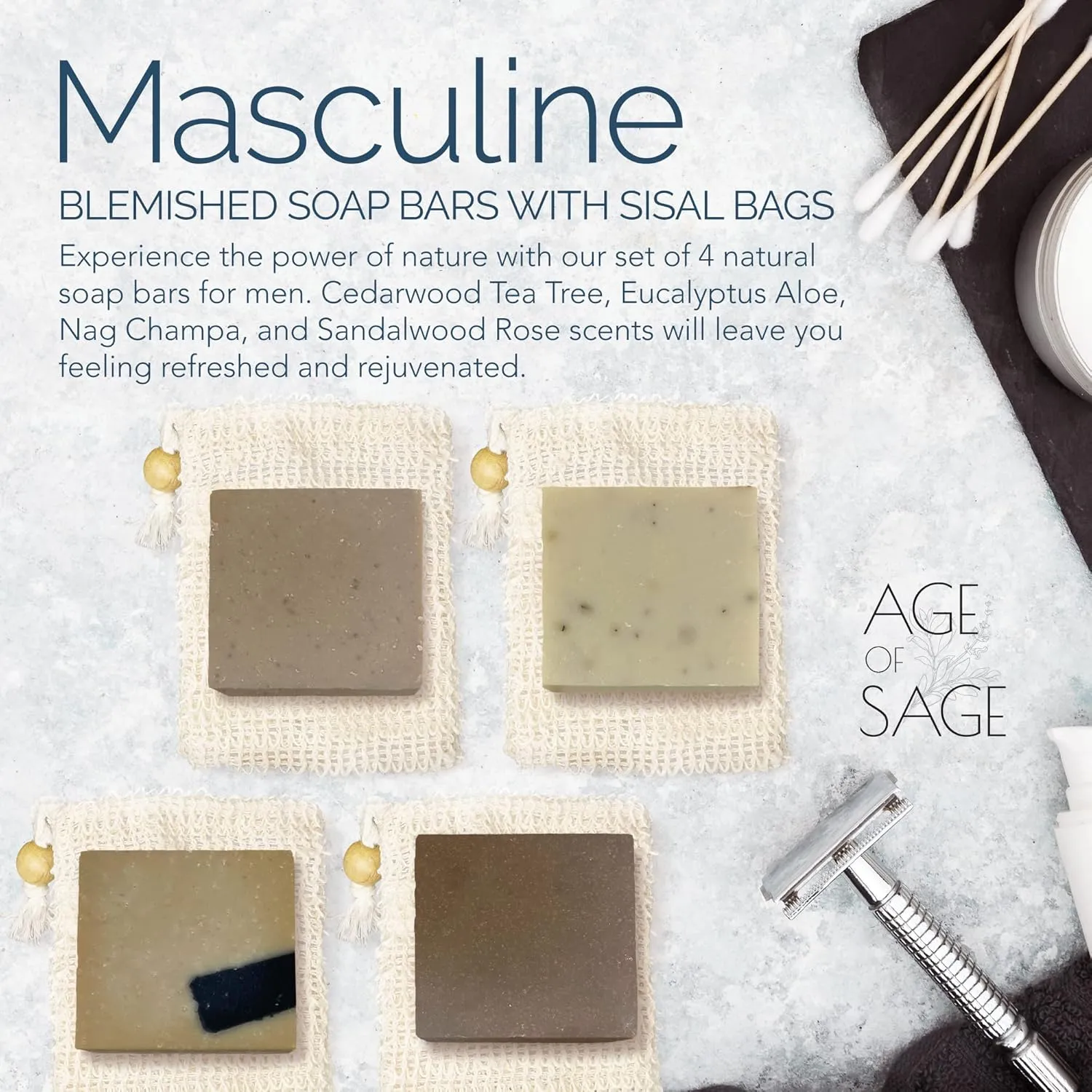Natural Soap Bar w/ Sisal Bag, 4pk Mixed Vegan Artisan Soap Set w/ Essential Oil for Men - Masculine Scent: Cedarwood Tea Tree, Eucalyptus Aloe, Nag Champa, & Sandalwood Rose