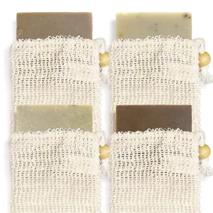 Natural Soap Bar w/ Sisal Bag, 4pk Mixed Vegan Artisan Soap Set w/ Essential Oil for Men - Masculine Scent: Cedarwood Tea Tree, Eucalyptus Aloe, Nag Champa, & Sandalwood Rose