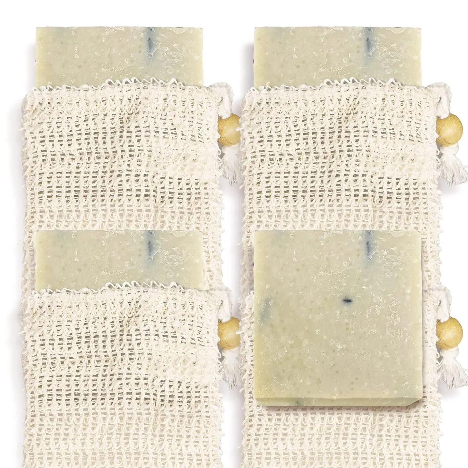 Natural Soap Bar w/ Sisal Bag, Vegan Artisan Soap Bar Set for Women, Body Soap in Bar Soap Pouch, Natural Bath Soaps w/ Essential Oils, 4 Plain Body Soap Bars, Cedarwood Tea Tree
