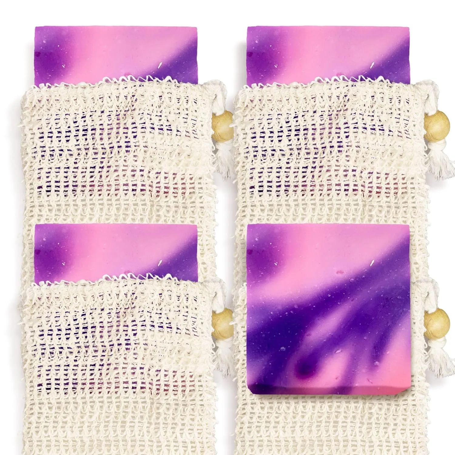 Natural Soap Bar w/ Sisal Bag, Vegan Artisan Soap Bar Set for Women, Body Soap in Bar Soap Pouch, Natural Bath Soaps w/ Essential Oils, 4 Plain Body Soap Bars, Hydrangea