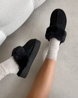 Navy Black Faux Suede Flatform Mules