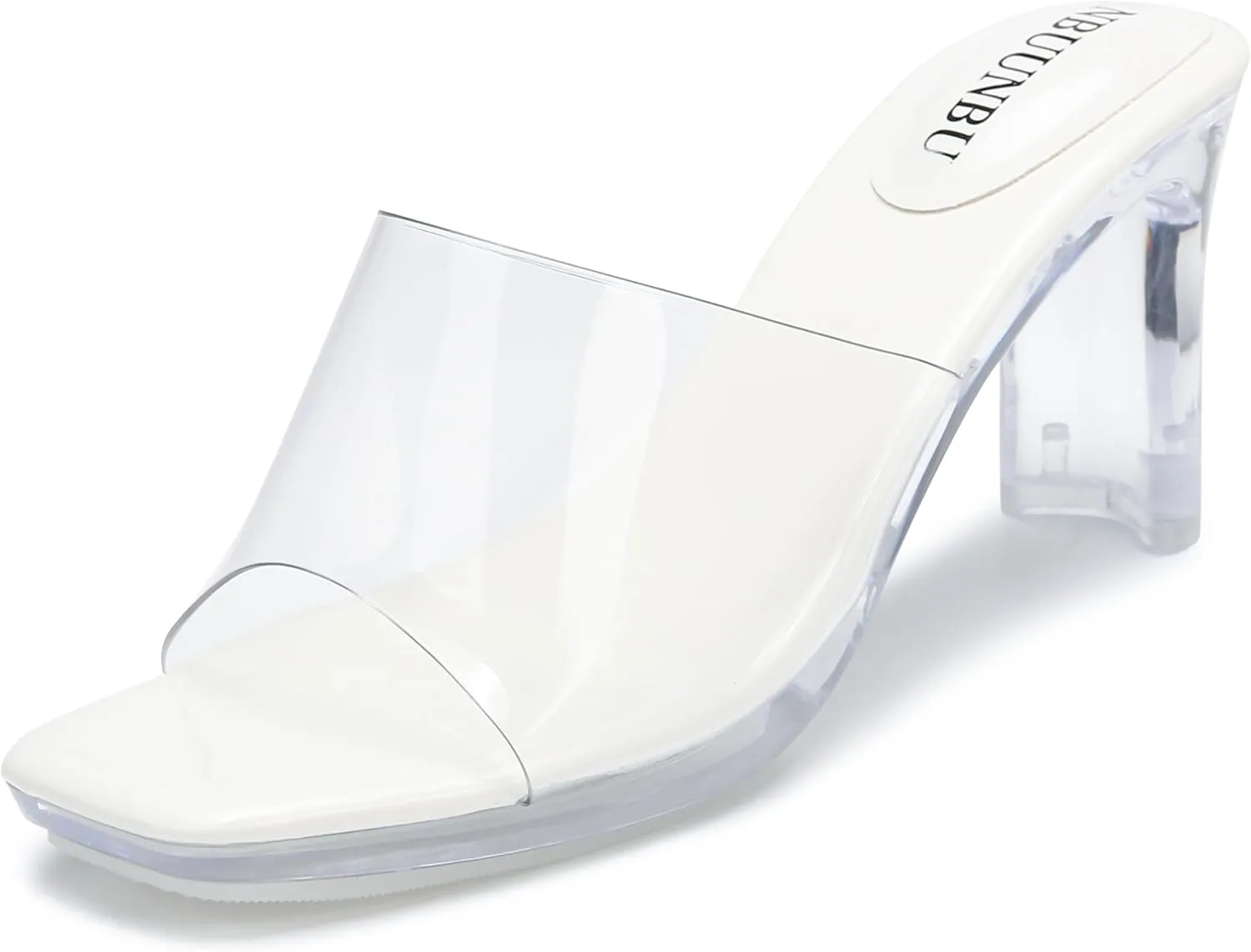 NBUUNBU Chunky Heels for Women Clear Platform Heels Sexy Block High Heels Sandals Square Toe Open Toe Transparent Strap Comfortable Dress Shoes Slip on Mules