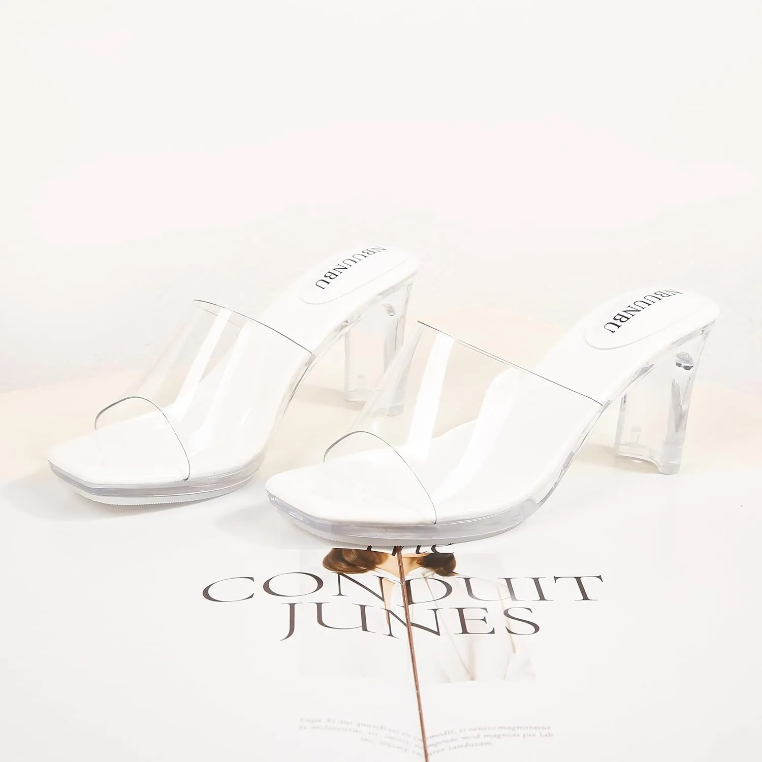 NBUUNBU Chunky Heels for Women Clear Platform Heels Sexy Block High Heels Sandals Square Toe Open Toe Transparent Strap Comfortable Dress Shoes Slip on Mules