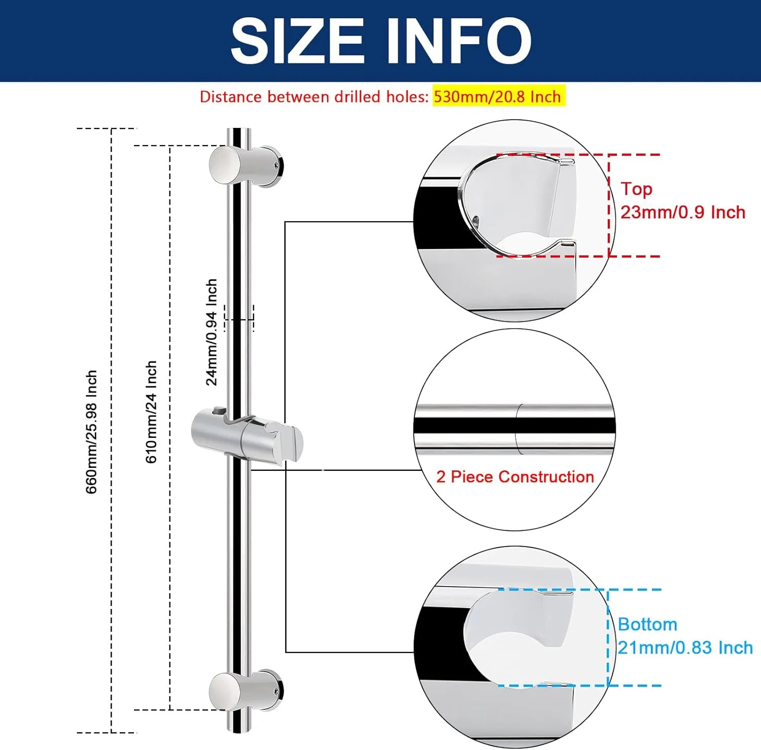 NearMoon Shower Slide Bar with Height/Angle Adjustable Handheld Shower Holder, Bathroom SUS 304 Stainless Steel Shower Head Holder for Bath (Screw Mounted, Chrome Finish)