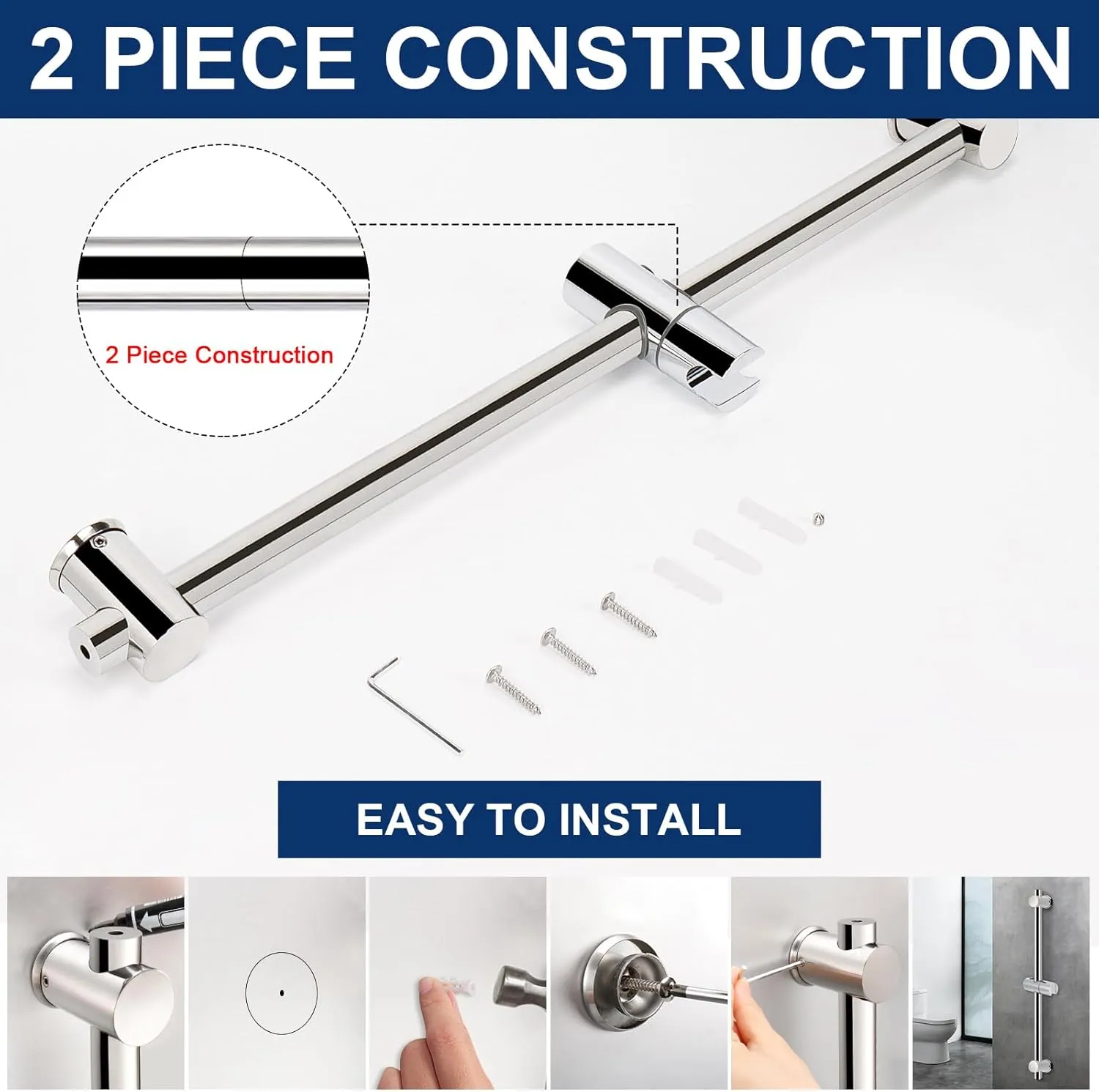 NearMoon Shower Slide Bar with Height/Angle Adjustable Handheld Shower Holder, Bathroom SUS 304 Stainless Steel Shower Head Holder for Bath (Screw Mounted, Chrome Finish)