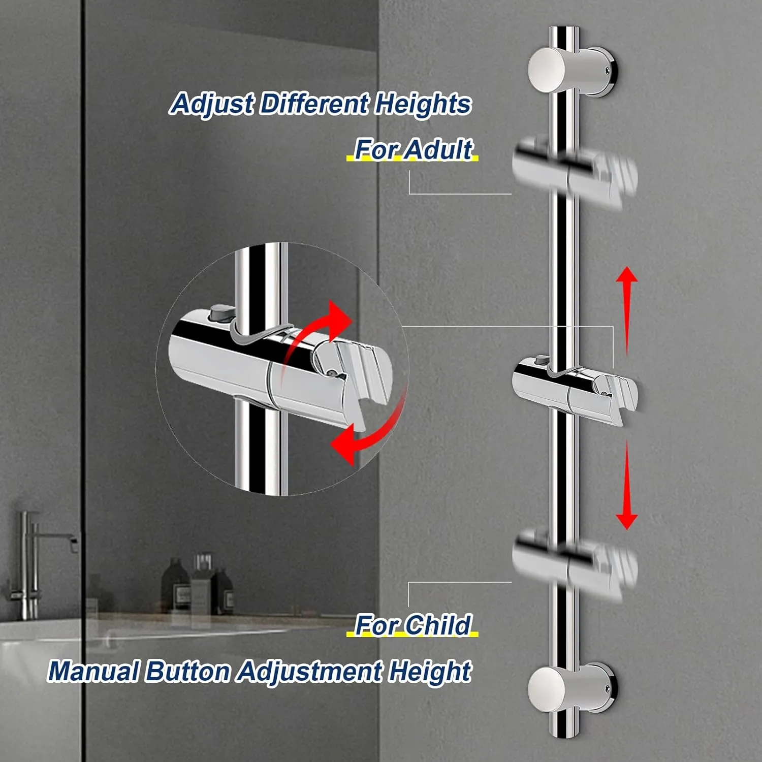 NearMoon Shower Slide Bar with Height/Angle Adjustable Handheld Shower Holder, Bathroom SUS 304 Stainless Steel Shower Head Holder for Bath (Screw Mounted, Chrome Finish)