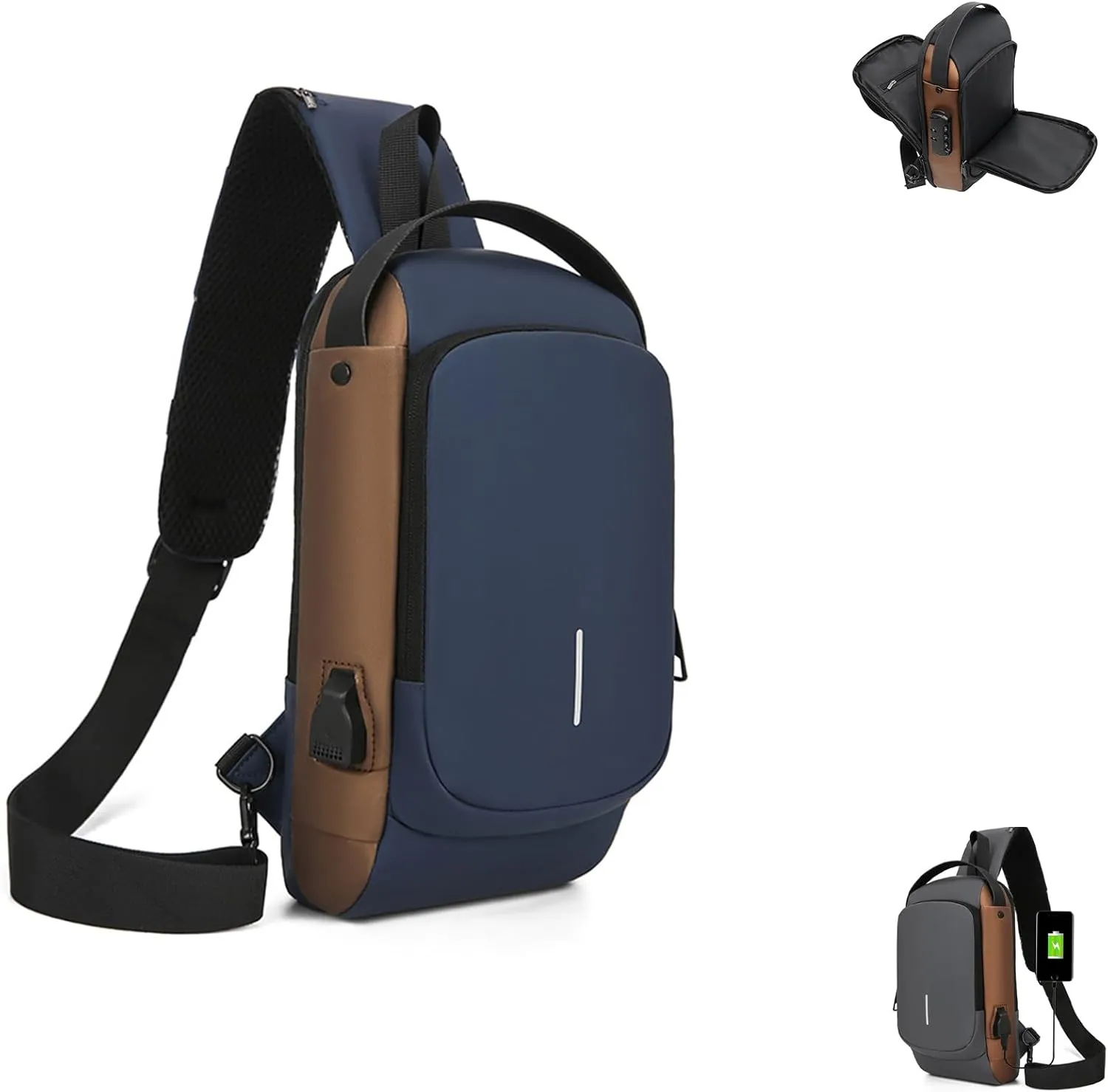 New Carbon Fiber Streamline Anti-Theft Sling Bag, USB Charging Waterproof Crossbody Backpack for Travel, Gym, Sports (Blue Brown)