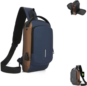 New Carbon Fiber Streamline Anti-Theft Sling Bag, USB Charging Waterproof Crossbody Backpack for Travel, Gym, Sports (Blue Brown)
