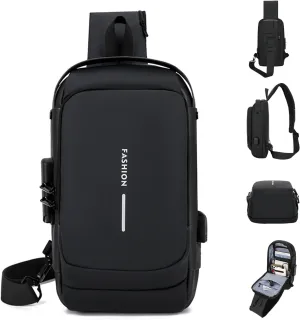 New Carbon Fiber Streamline Anti-Theft Sport Sling Bag, Waterproof Shoulder Backpack with USB Charging Port Daypack (Black)