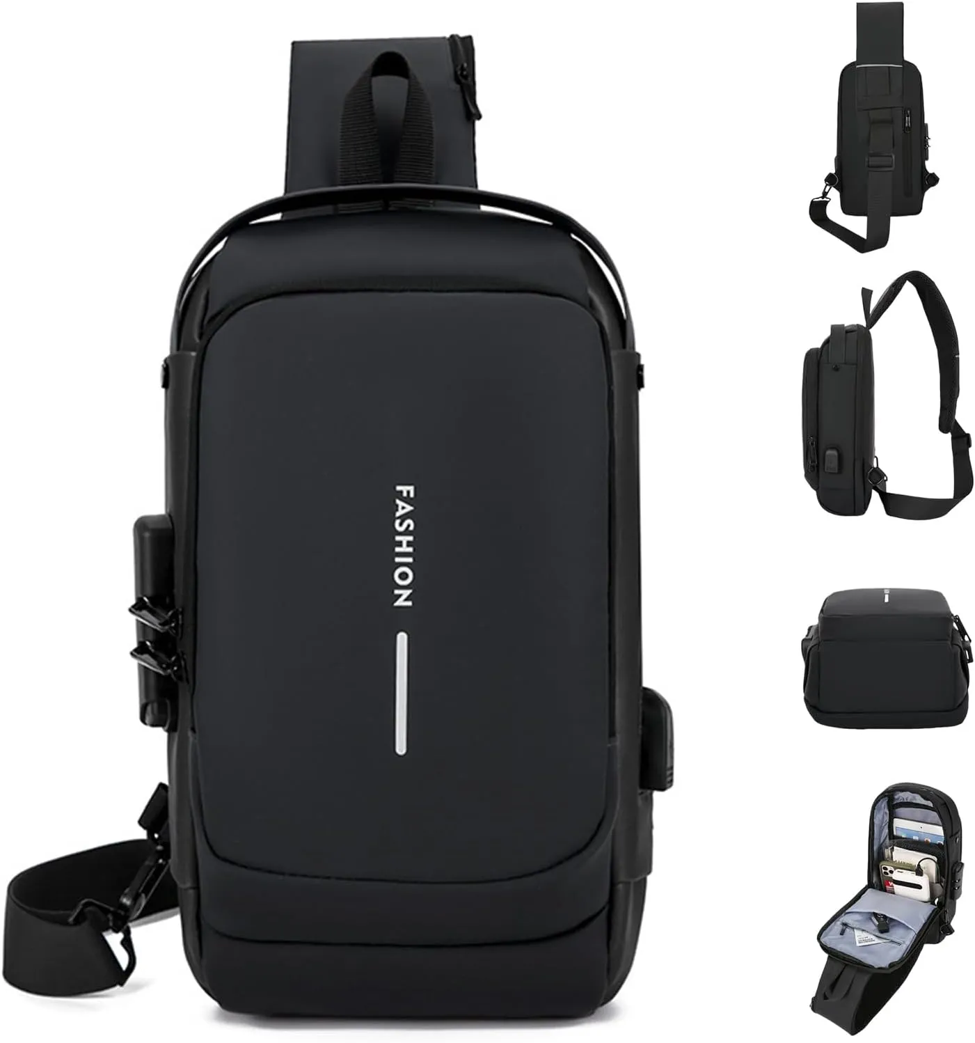 New Carbon Fiber Streamline Anti-Theft Sport Sling Bag, Waterproof Shoulder Backpack with USB Charging Port Daypack (Black)